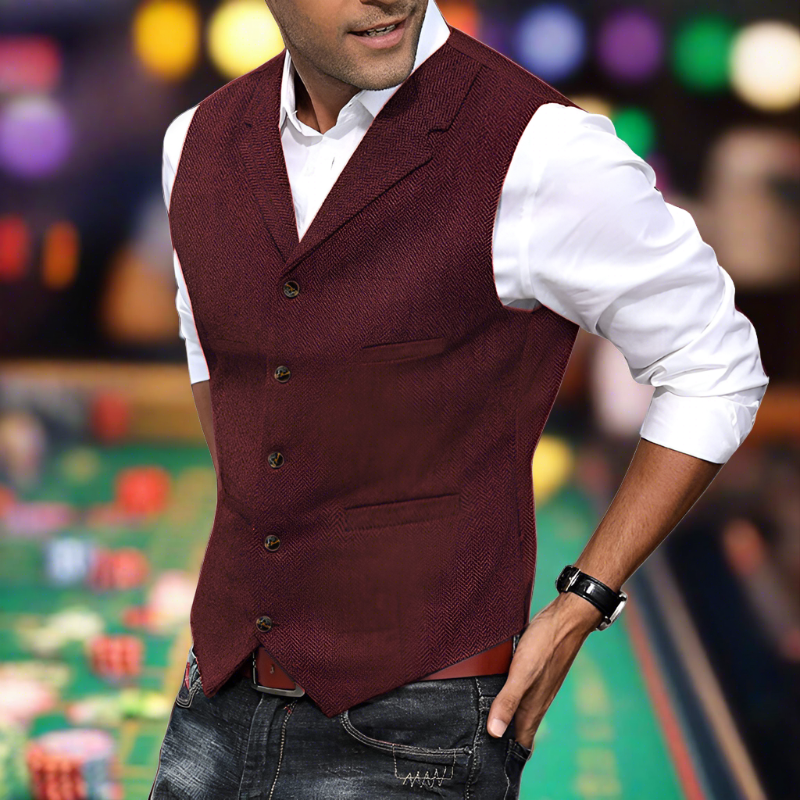 Stylish longline V-neck vest for men, offering a modern tailored fit for smart casual looks.