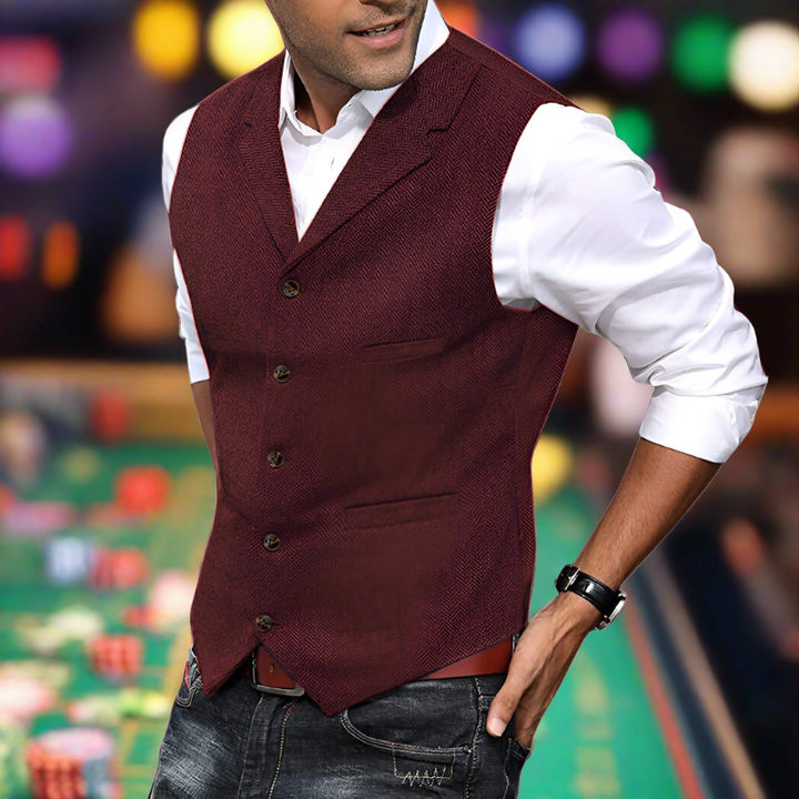 Stylish longline V-neck vest for men, offering a modern tailored fit for smart casual looks.