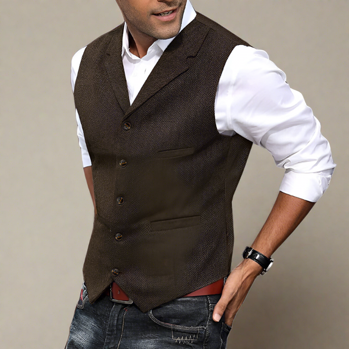 Back view of a sleek men's longline V-neck vest, showcasing the elegant cut & professional style.