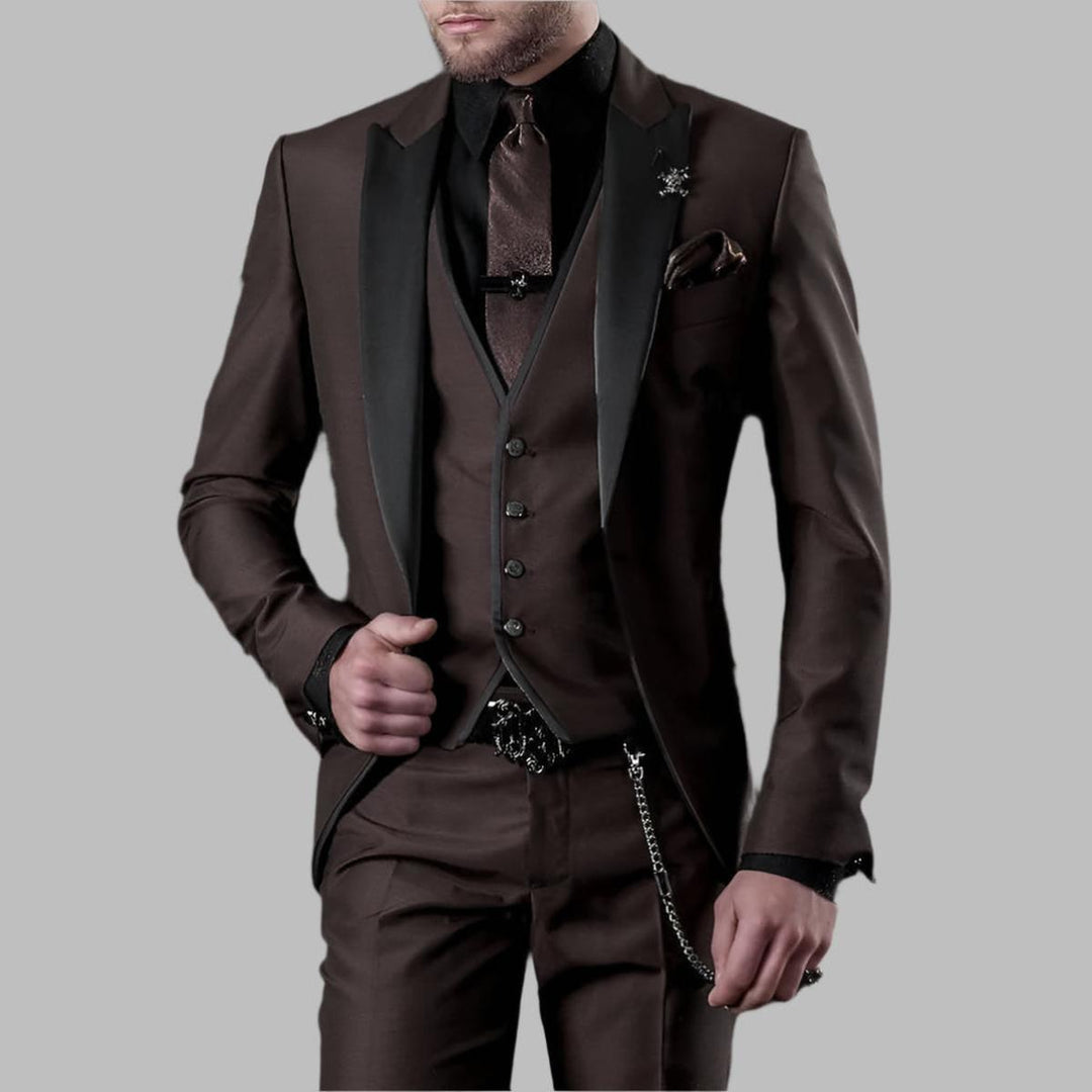 Groom in a tailored men's three piece wedding suit set, looking sharp and sophisticated.