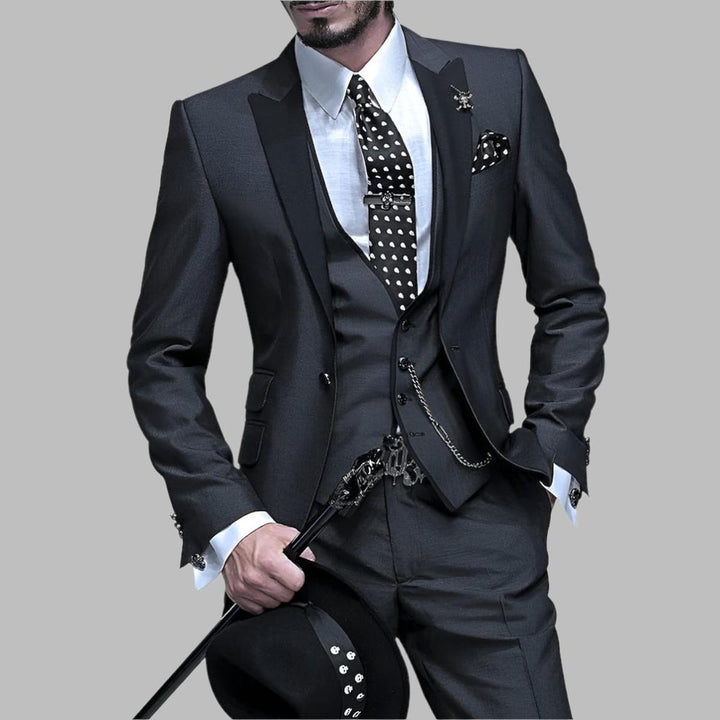 Front view of a men's luxury three piece wedding suit, ideal for a stylish groom or party guest.