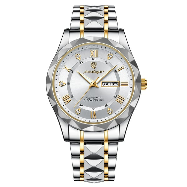 Durable men's accessories: gold & black waterproof watch with bright luminous display & date.