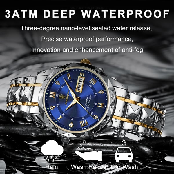 Elegant men's gold tone waterproof watch, black dial, luminous hands & date display.