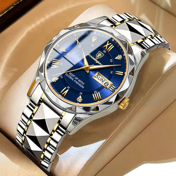 Luxury men's timepiece: waterproof, luminous black dial, gold accents, and date function.