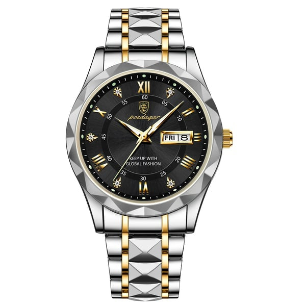 Premium men's quartz watch, waterproof, featuring a luminous black dial and date display.