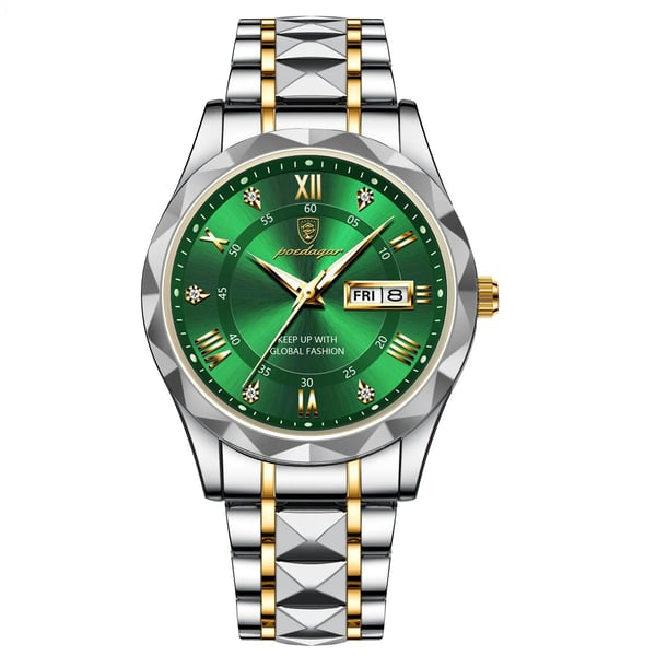 Men's business luxury watch, waterproof, featuring luminous hands, black dial, and date.
