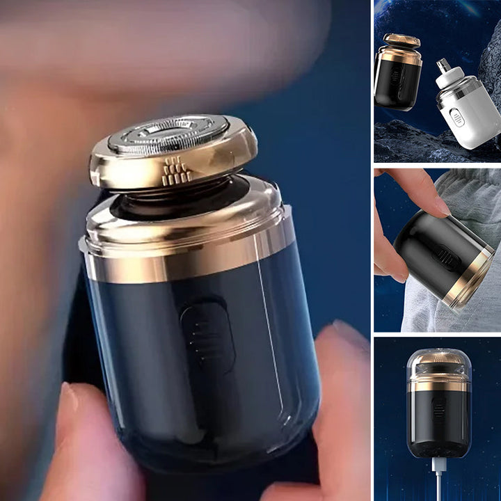 Men's portable electric shaver, shown with charging cable, ready for worldwide travel