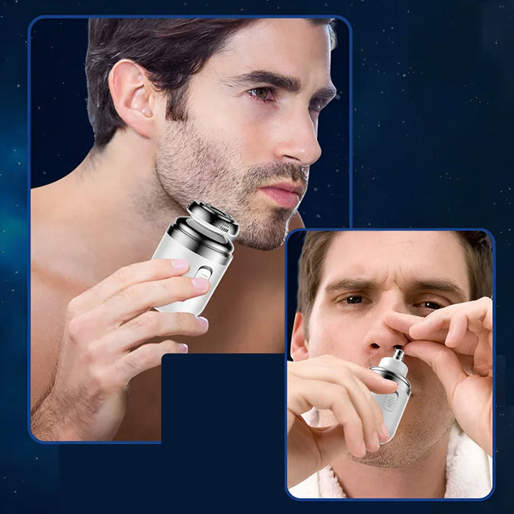 Men's travel-friendly mini shaver, highlighting its precise cutting head for a smooth shave
