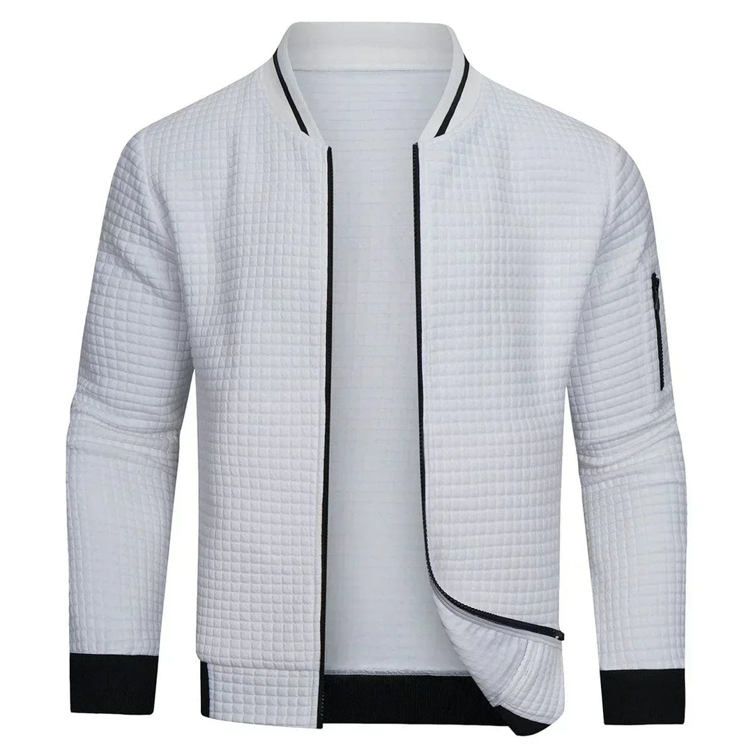 Men's Mitchell full-zip textured grid cardigan. Stylish zip-up sweater, perfect for casual layering in fall/winter.