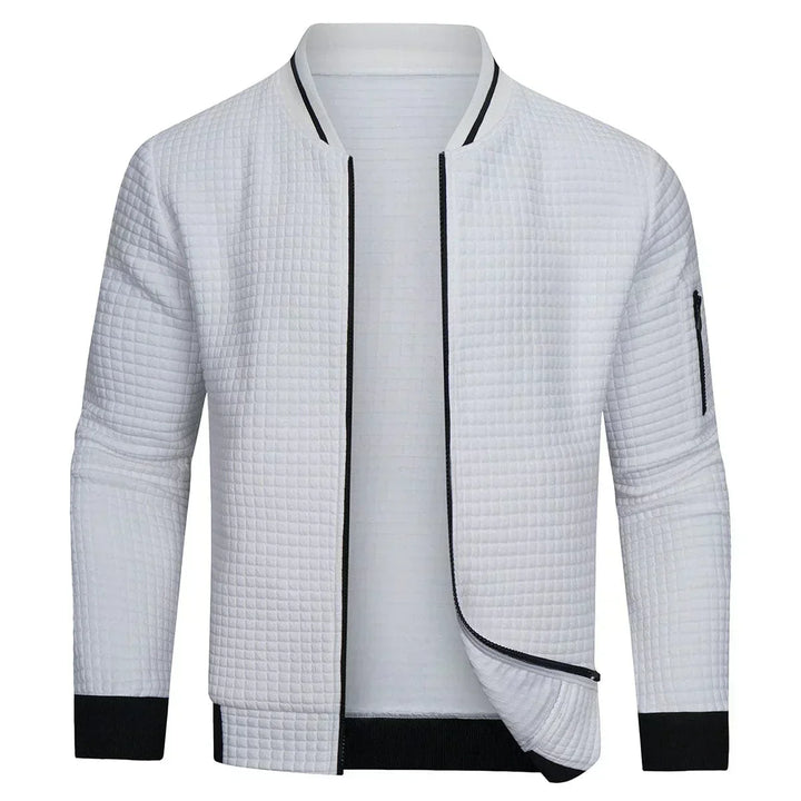 Men's Mitchell full-zip textured grid cardigan. Stylish zip-up sweater, perfect for casual layering in fall/winter.