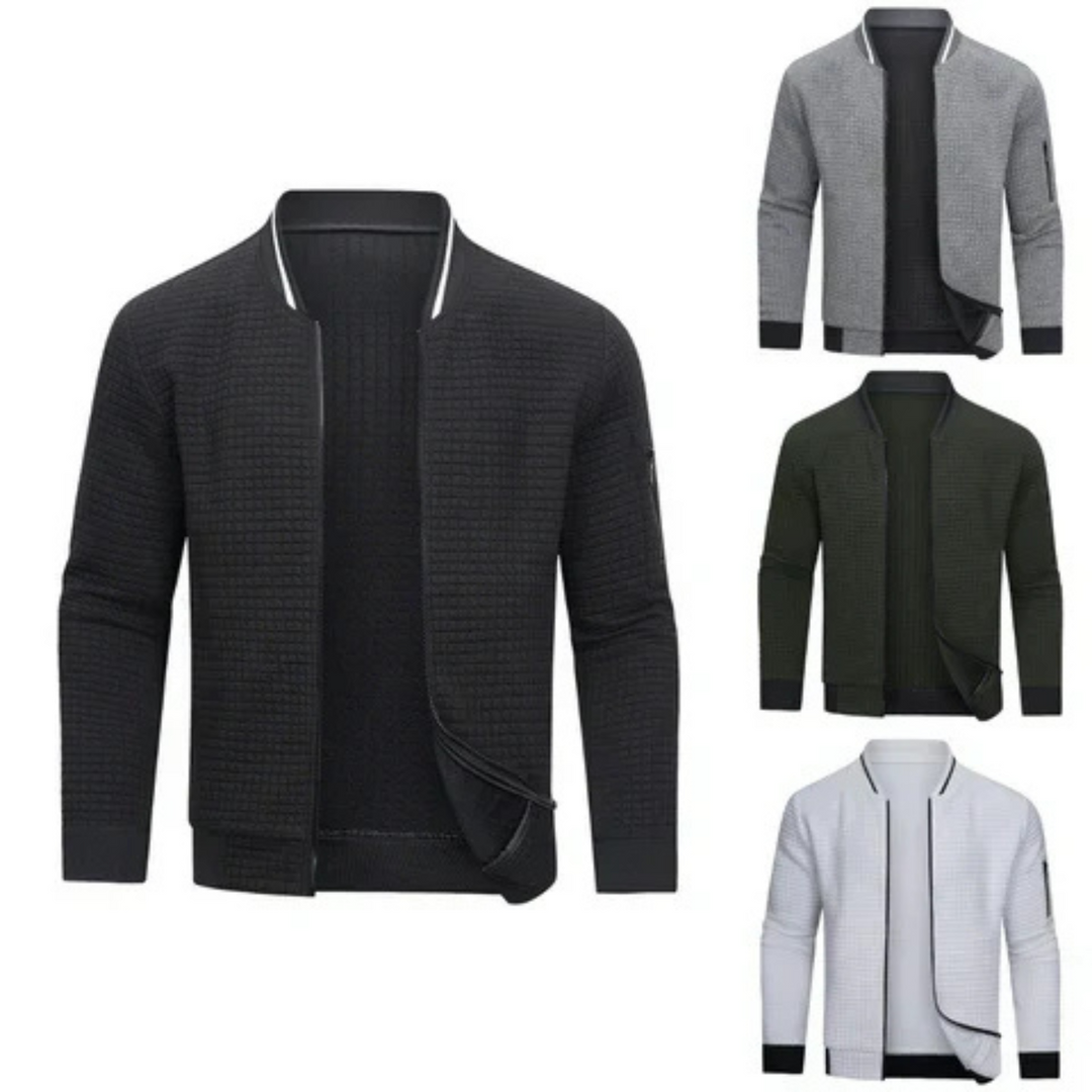 Close-up of a men's full-zip textured grid cardigan, highlighting its unique knit pattern & comfortable feel.