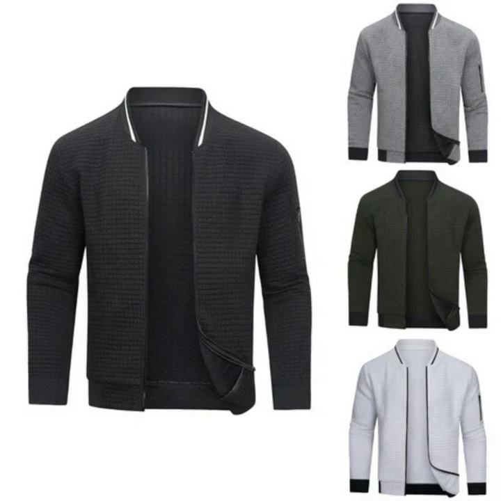 Close-up of a men's full-zip textured grid cardigan, highlighting its unique knit pattern & comfortable feel.