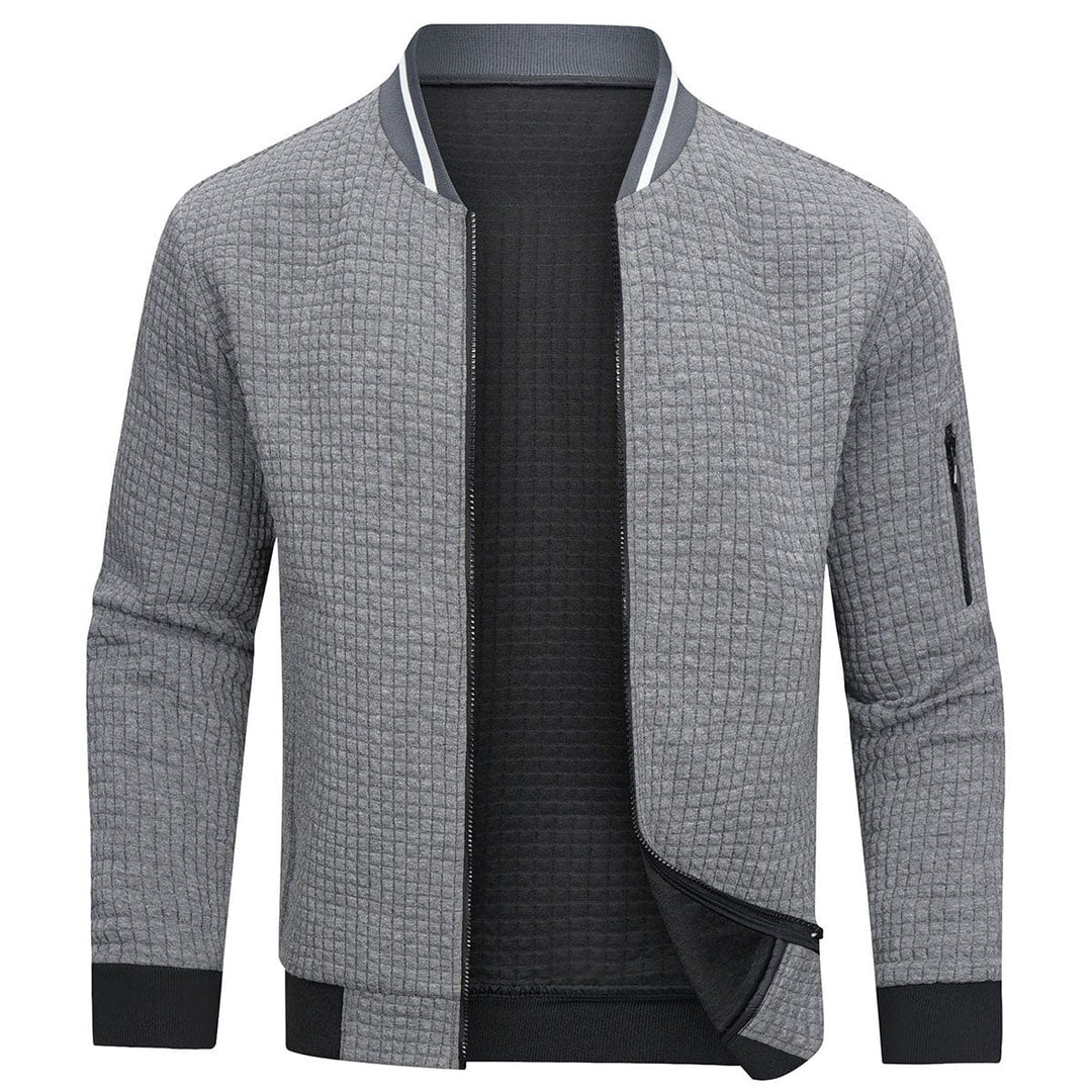 Comfortable men's full-zip textured grid cardigan, ideal for warmth & style during fall and winter seasons.