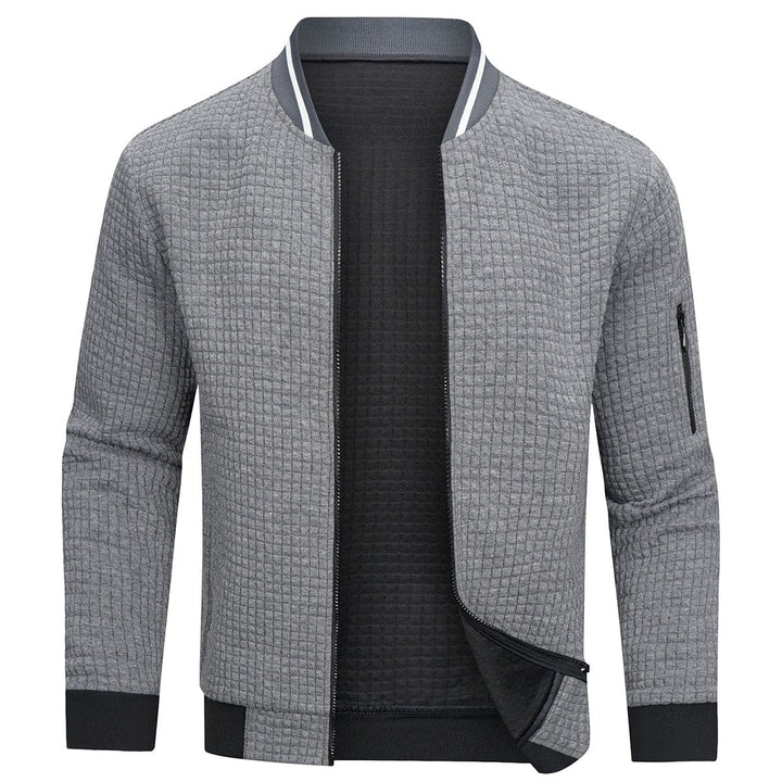 Comfortable men's full-zip textured grid cardigan, ideal for warmth & style during fall and winter seasons.