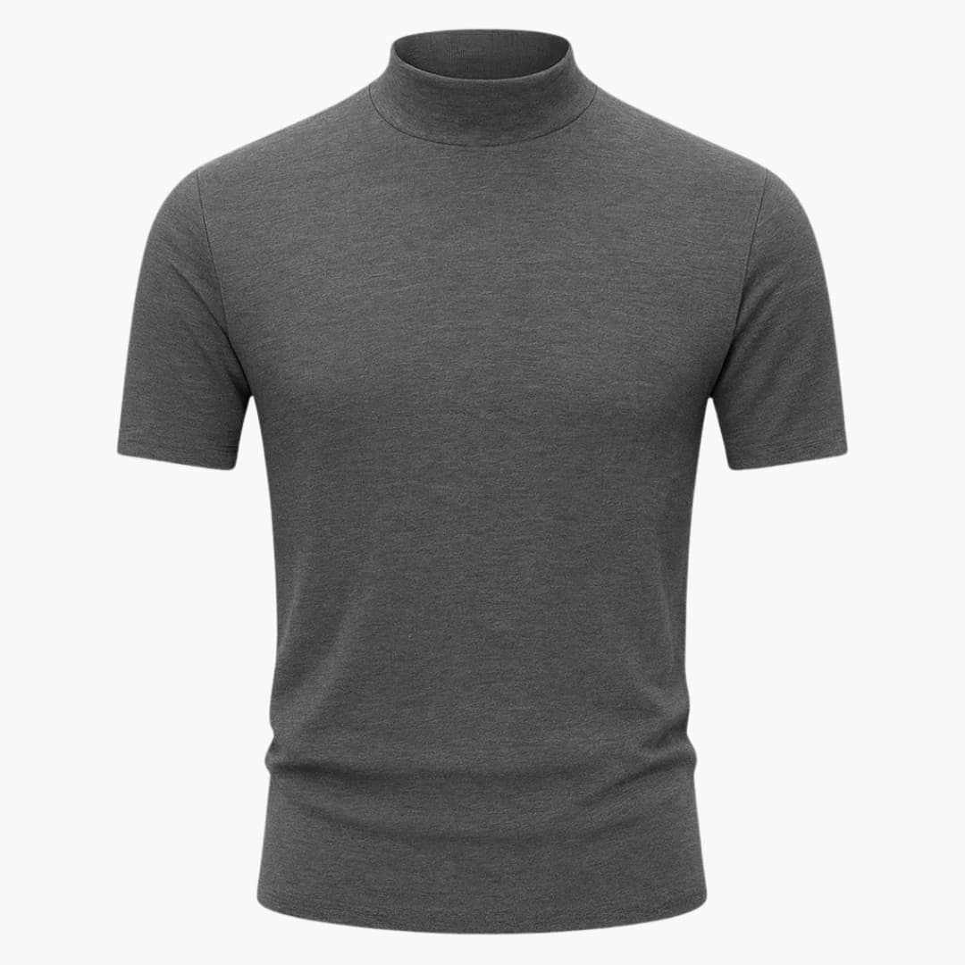 Stylish men's mock neck tee, slim fit, short sleeve. A versatile top for contemporary men's apparel.