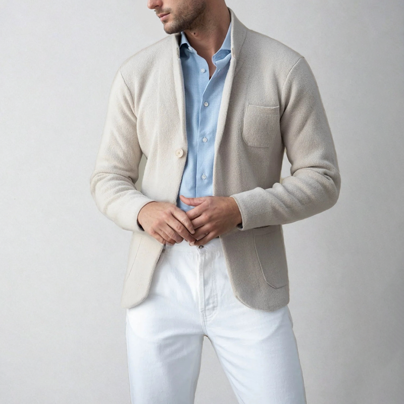 Men's modern casual knit cardigan blazer in light blue, perfect for smart-casual layering.
