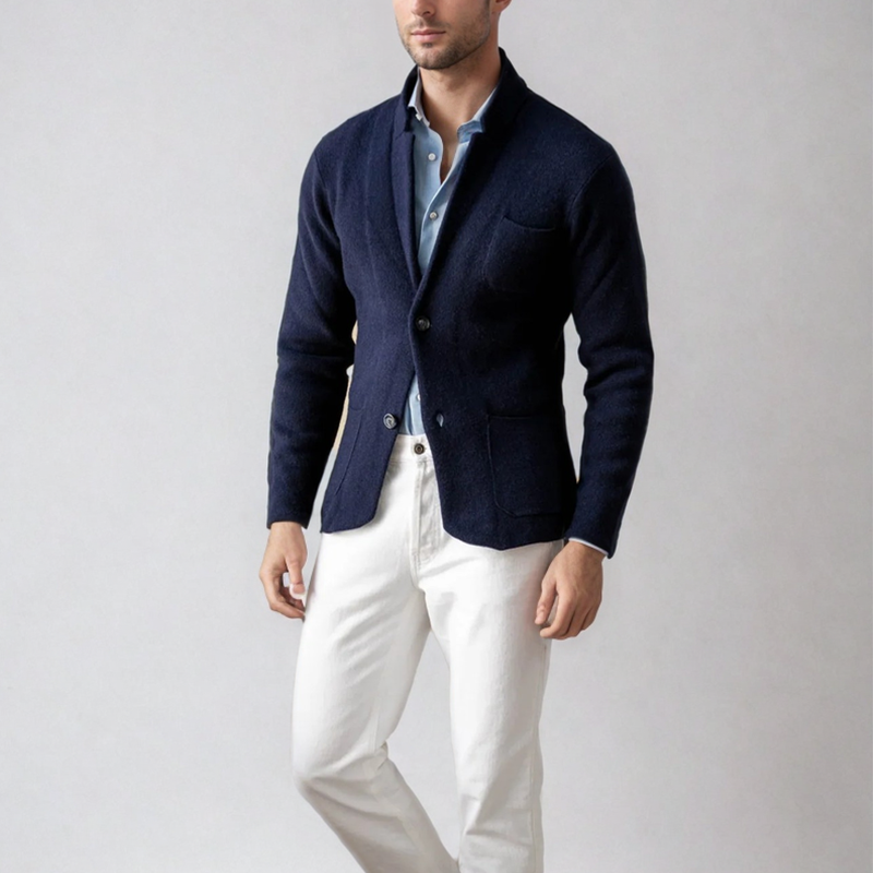 Navy knit cardigan blazer for men, featuring a stylish button-down front and comfortable fit.