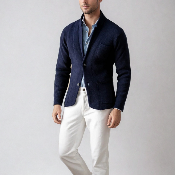 Navy knit cardigan blazer for men, featuring a stylish button-down front and comfortable fit.