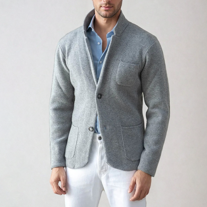 Button-down knit cardigan blazer for men, a sophisticated and comfortable casual sweater option.