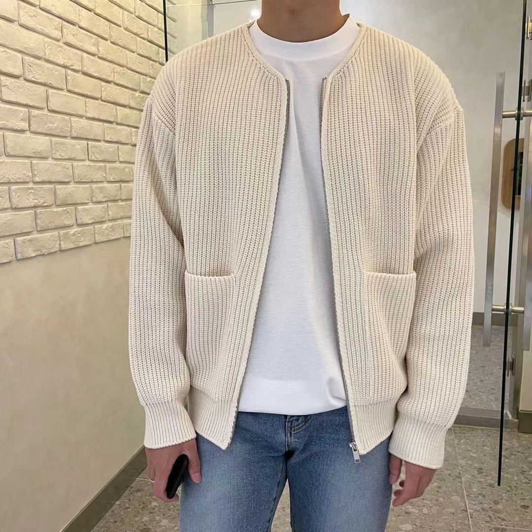 Stylish men's knit cardigan, modern fit, ideal layering piece for casual or formal versatile attire.