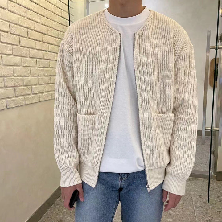 Stylish men's knit cardigan, modern fit, ideal layering piece for casual or formal versatile attire.