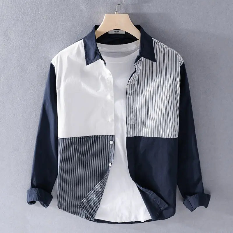 Detailed image of the fabric and stitching on a men's contrast panel cotton blend stripe shirt