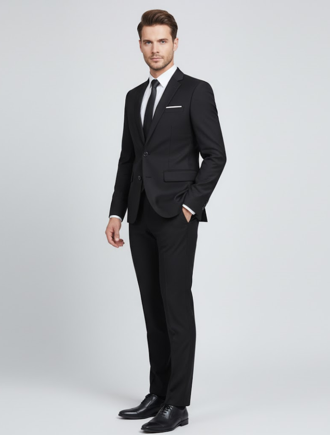 Contemporary men's two-piece suit in charcoal, a versatile slim fit option for business or events