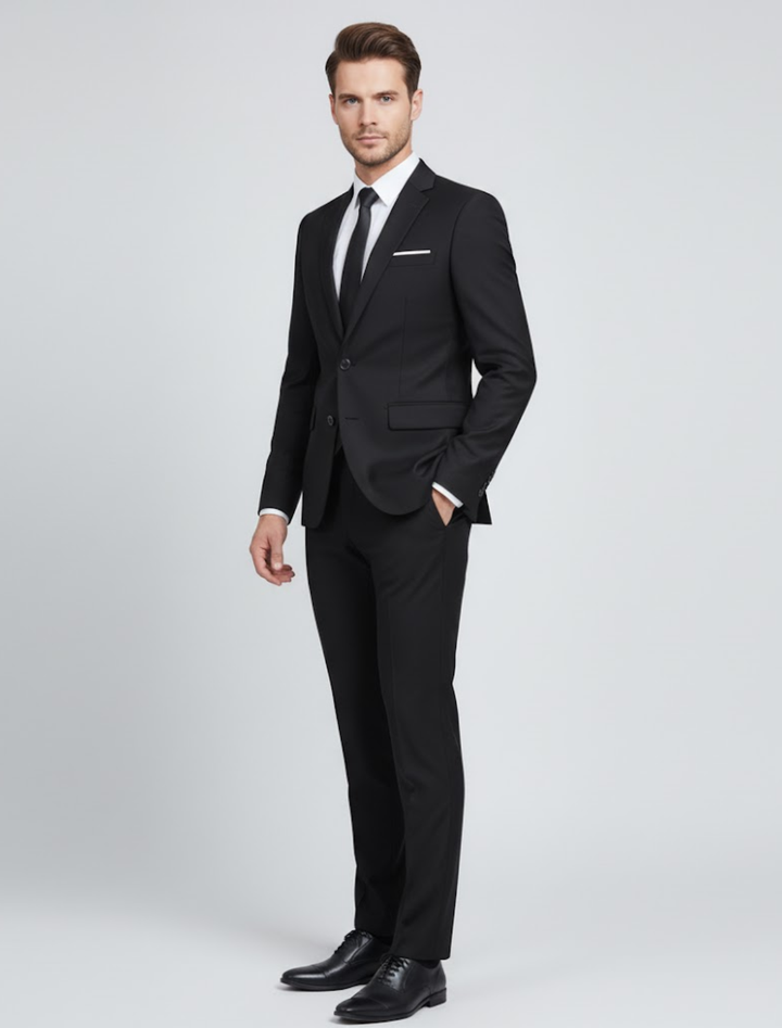 Contemporary men's two-piece suit in charcoal, a versatile slim fit option for business or events