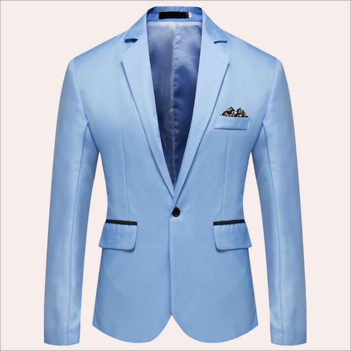 Close-up of a men's modern business blazer fabric, highlighting the quality of formal wear and office attire