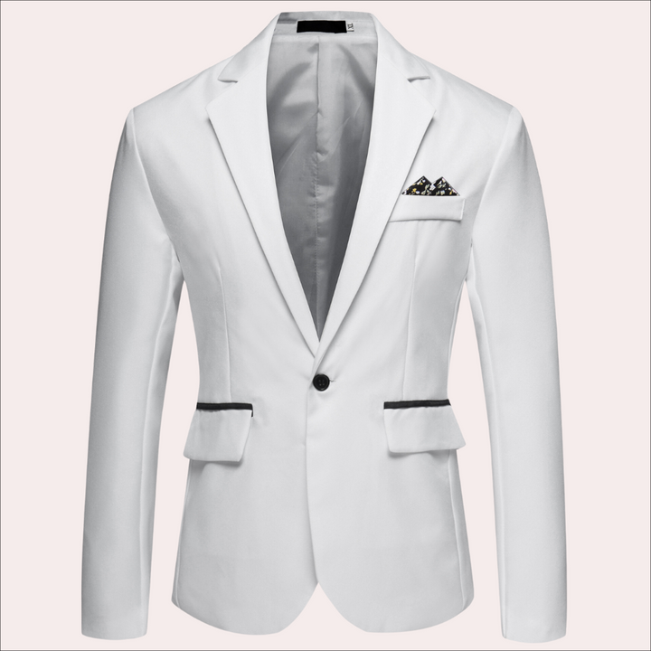 Full shot of a man wearing a formal business blazer, showcasing its tailored fit and versatile style