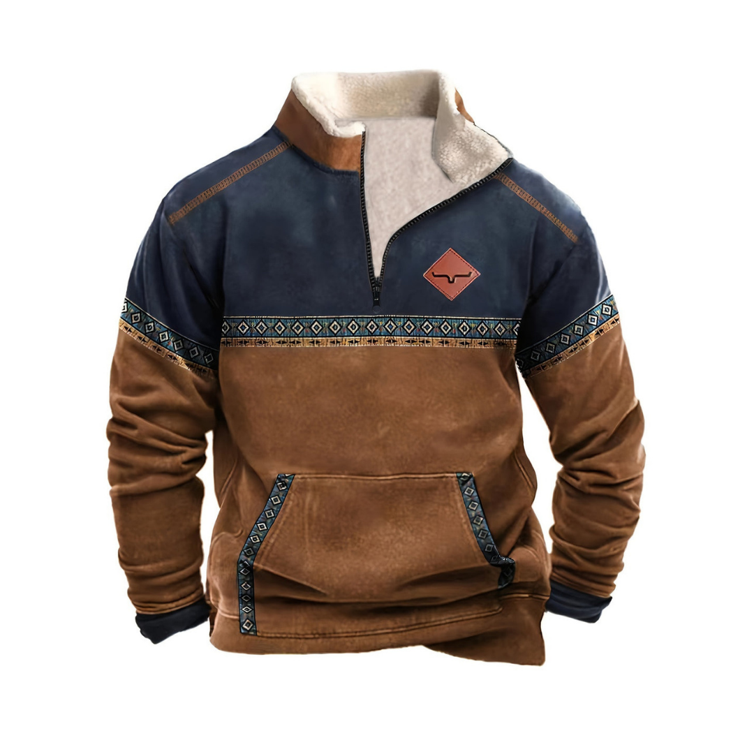 Men's modern navy zip-up sweater. Long sleeve pullover for versatile casual autumn & winter style and comfort.