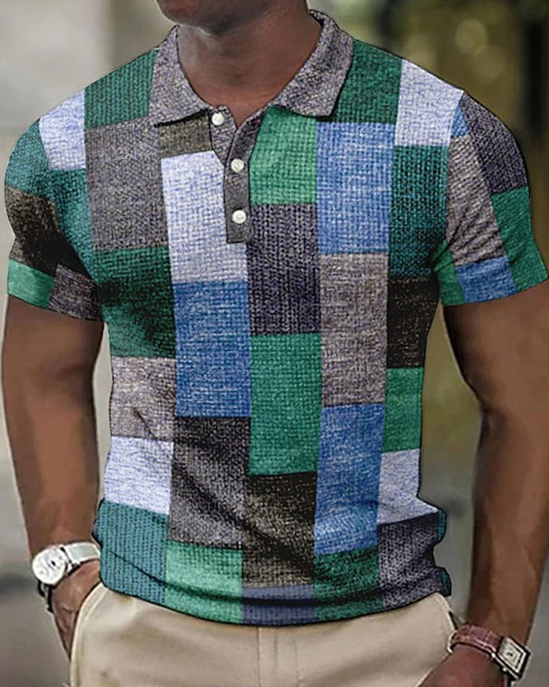 Men's modern short-sleeve polo shirt with a stylish check pattern, perfect for casual summer fashion.