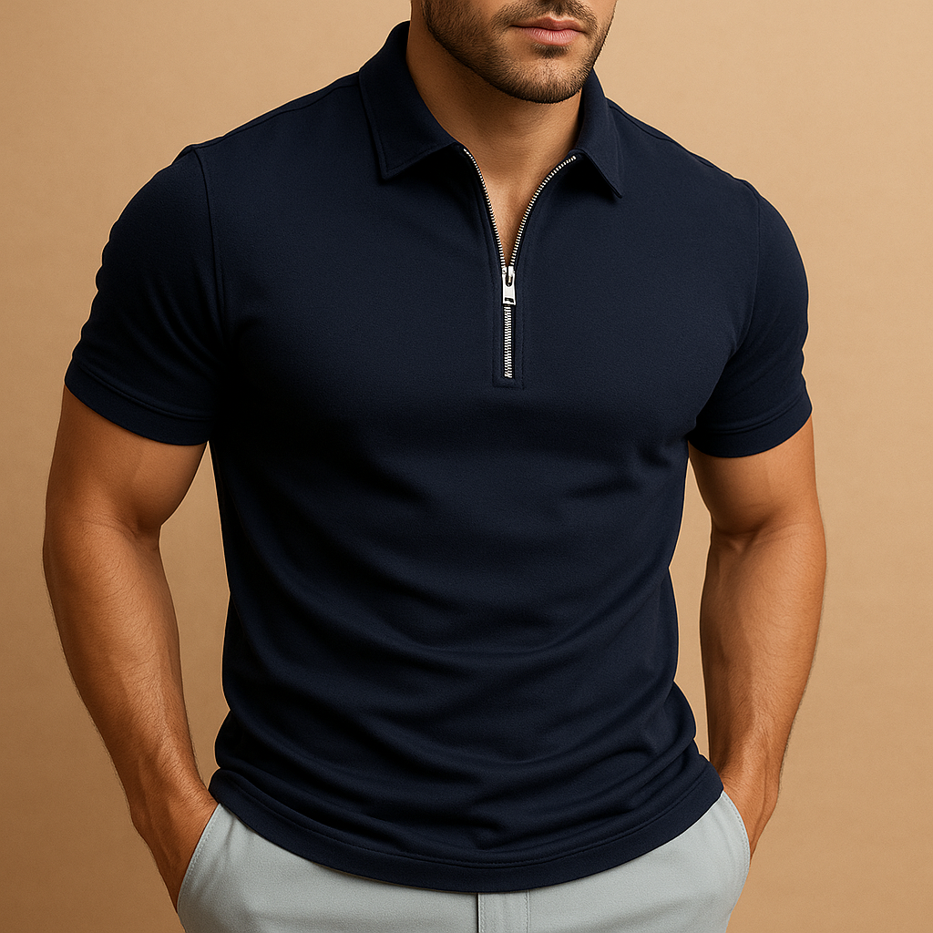 Sleek men's zipped polo shirt, modern slim fit design ensuring comfort and everyday style.