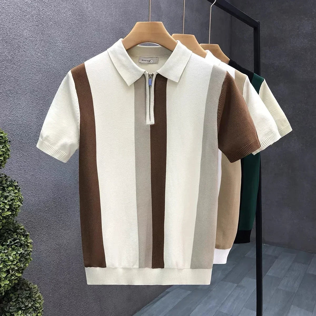 Men's modern striped zip polo shirt, a comfortable casual top for versatile men's fashion.