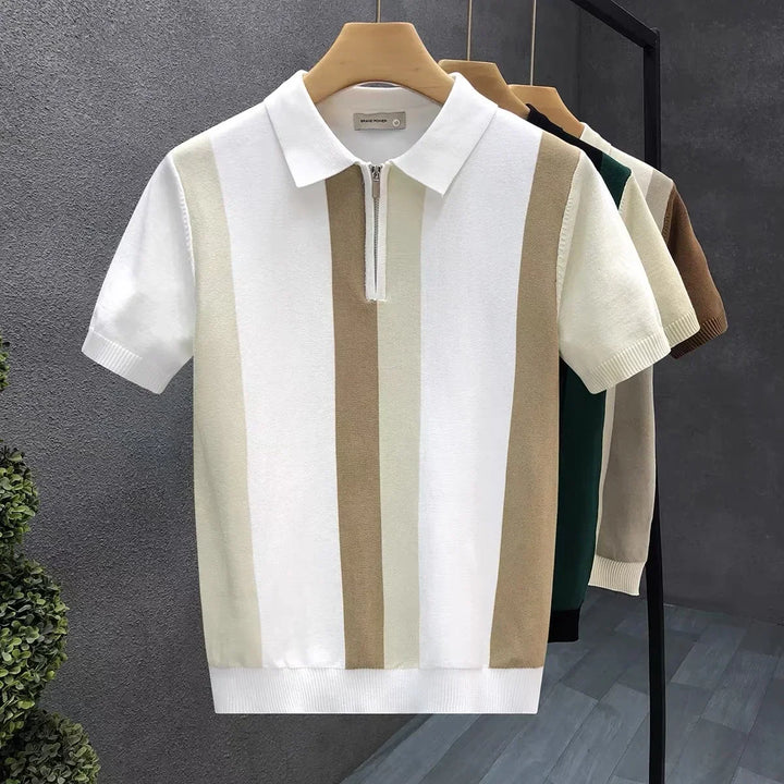 Stylish men's striped zip polo shirt, perfect for everyday casual wear and contemporary men's fashion.
