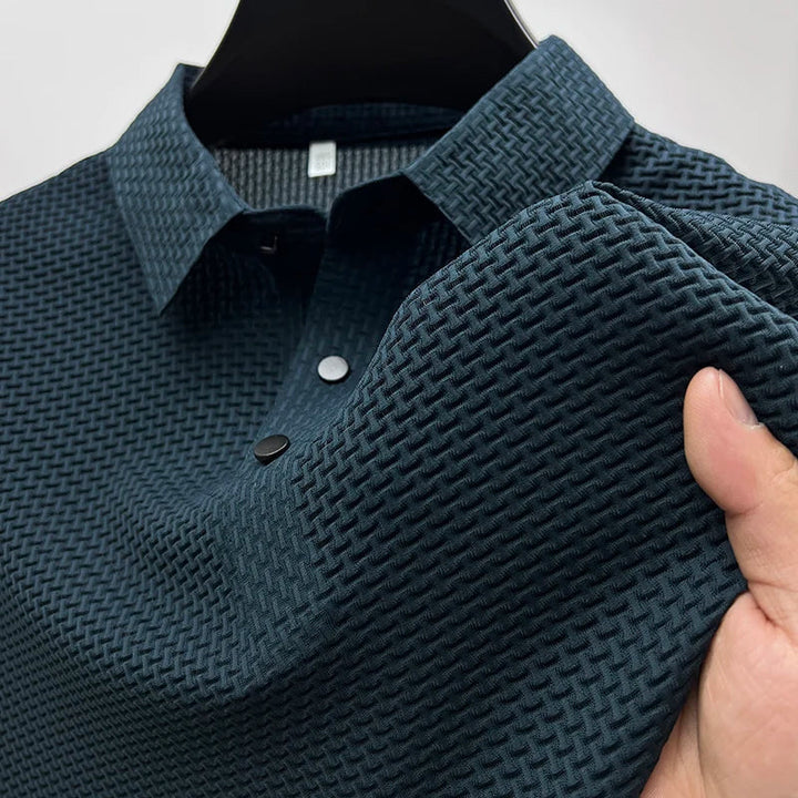 Men's modern textured basketweave polo shirt for summer. Stylish short sleeve top, perfect for business casual.