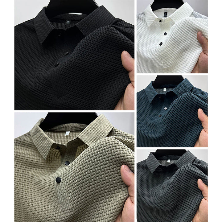 Comfortable men's short sleeve polo with modern textured basketweave design, perfect for warm weather fashion.