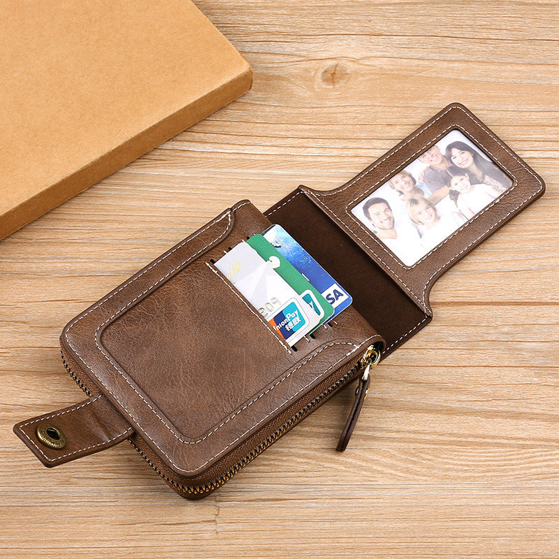 Men's multi-card horizontal zipper wallet in black PU leather, closed view for everyday use.