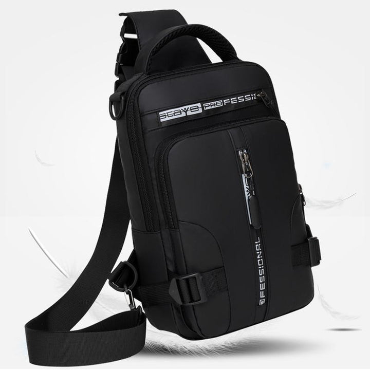 Waterproof men's shoulder sling bag with USB charging feature, displayed on a neutral background