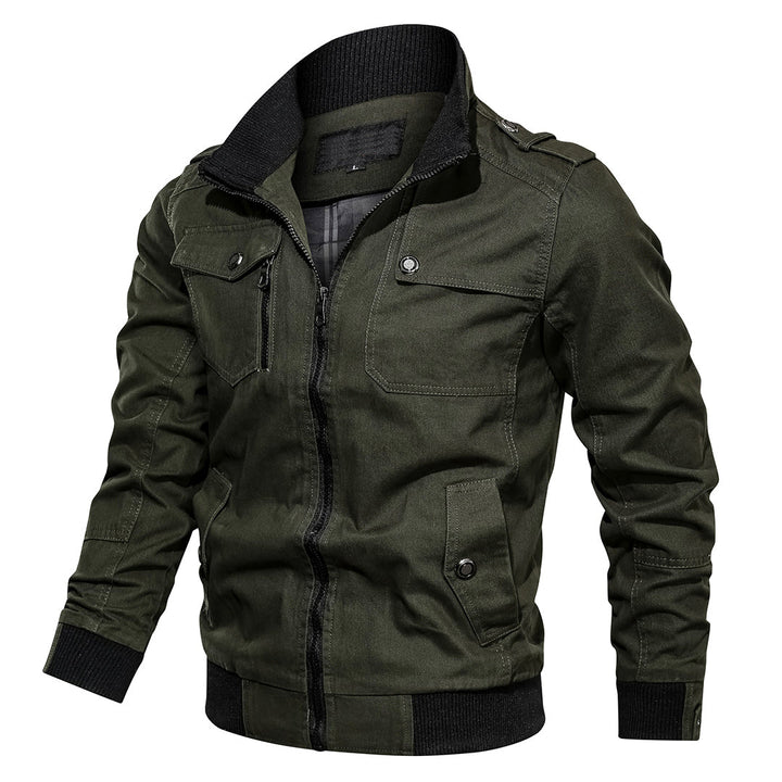 Men's multi-pocket bomber jacket in dark blue, styled for a casual, functional look.