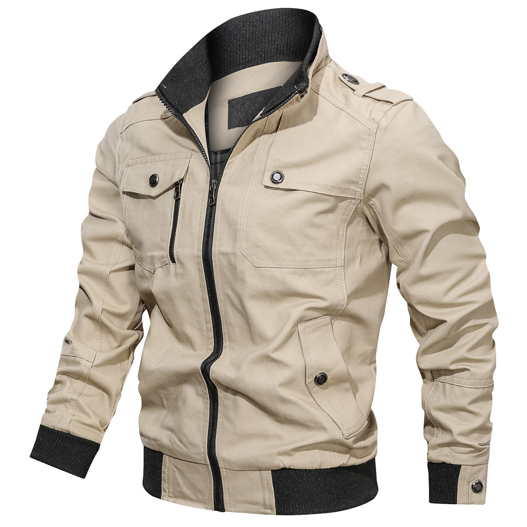 Full-length view of a man wearing a functional multi-pocket bomber jacket, ideal for daily wear.