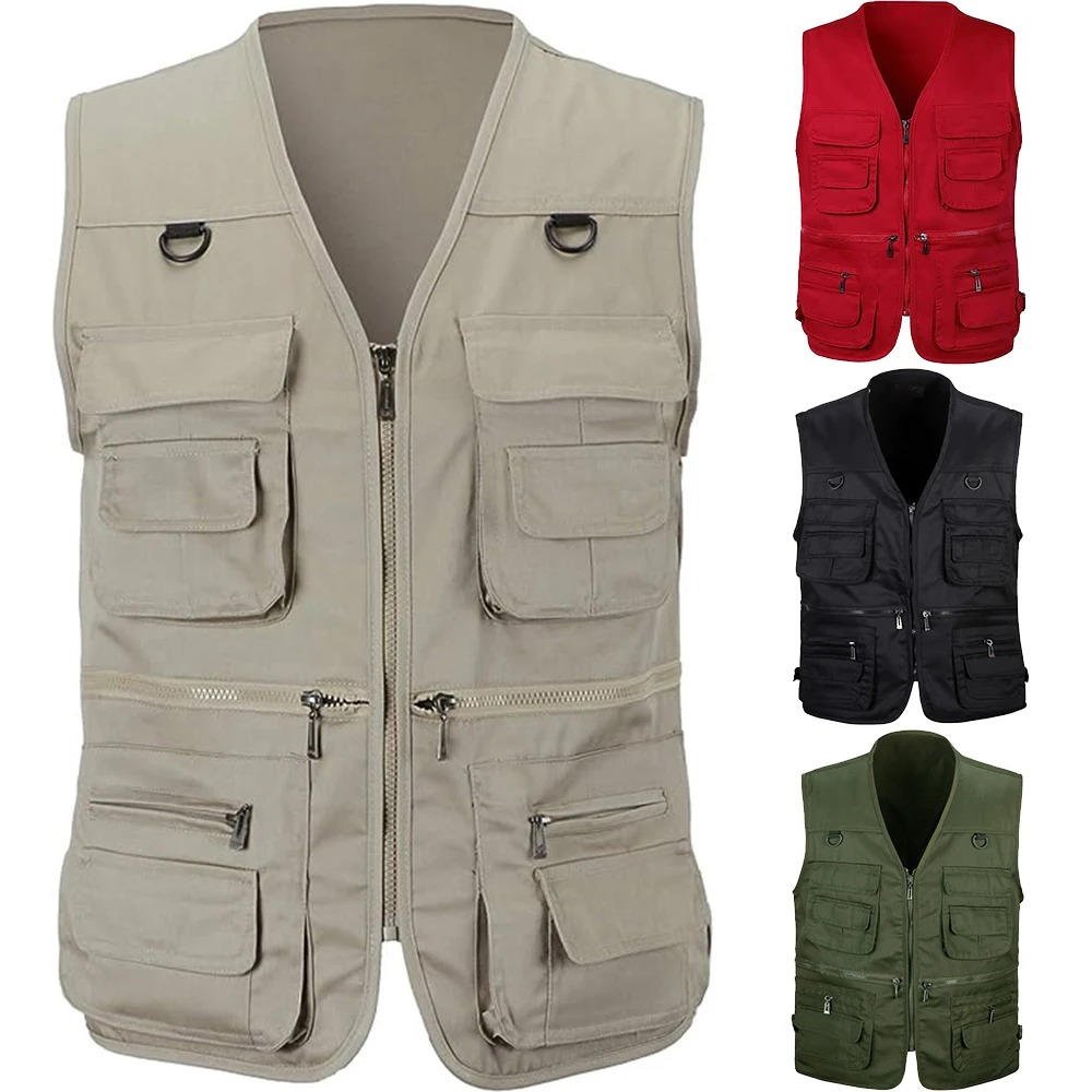 Durable men's fishing vest with multiple pockets for outdoor gear. Great for hiking & travel.