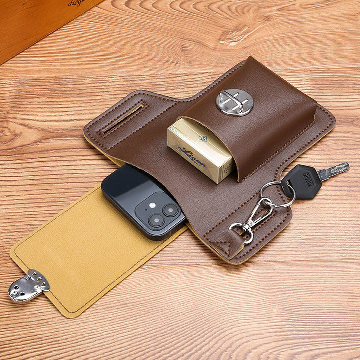 Brown leather-look men's waist bag, fanny pack, enhancing a casual outfit