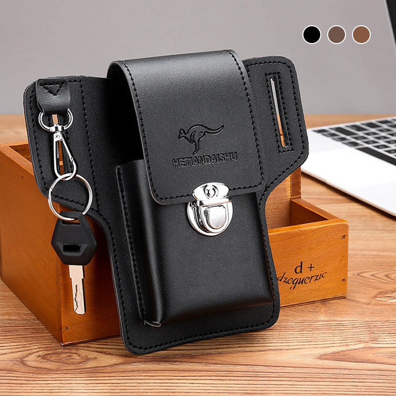 Close-up of a black waterproof men's waist bag, fanny pack with zipper closure detail