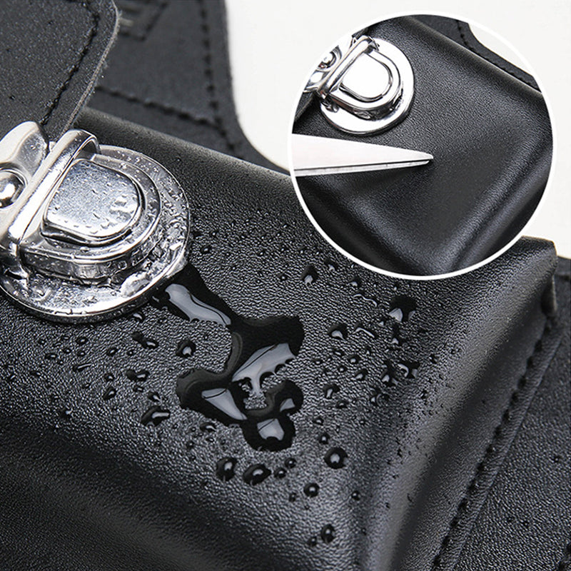 Front view of a versatile men's black waist bag, fanny pack with multiple compartments