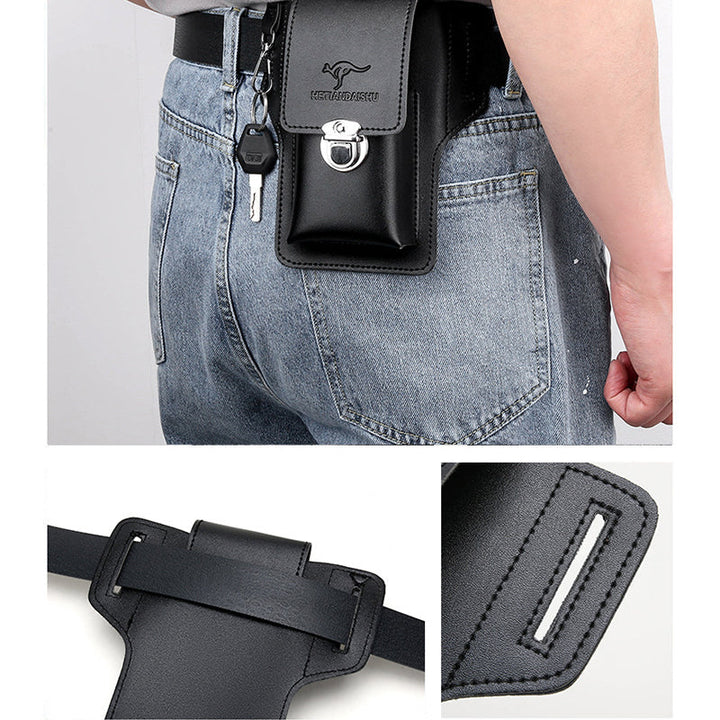Waterproof brown men's waist bag, fanny pack against a rustic outdoor background