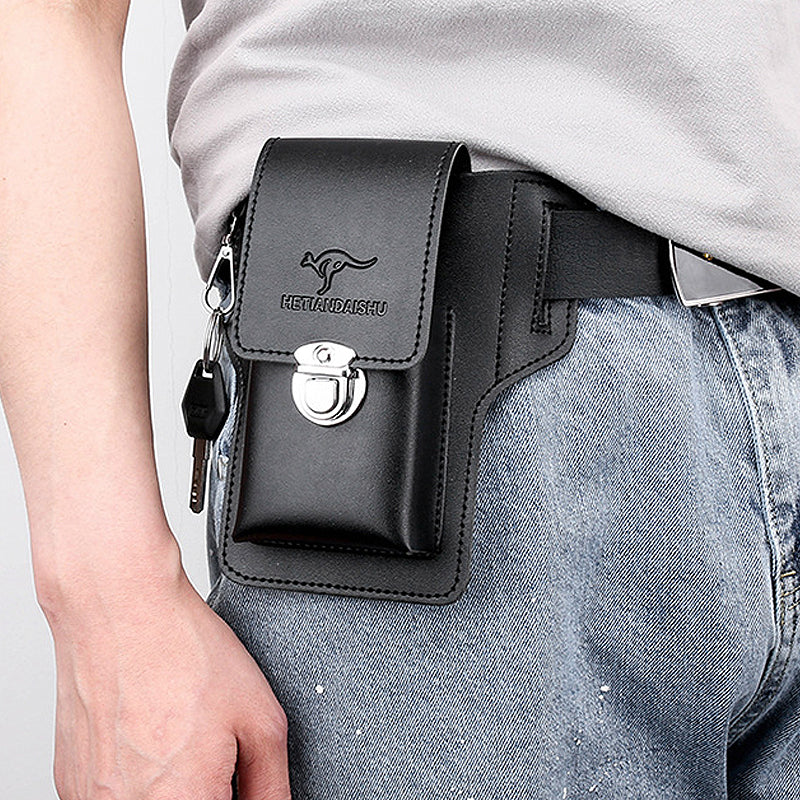 Black multifuncional men's waist bag, fanny pack with secure buckle closure