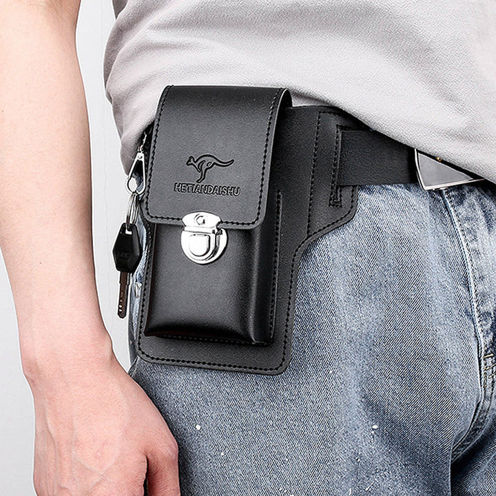 Black multifuncional men's waist bag, fanny pack with secure buckle closure