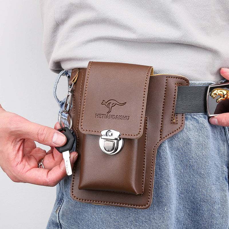 Khaki men's waist bag, fanny pack, displaying its spacious interior for essentials