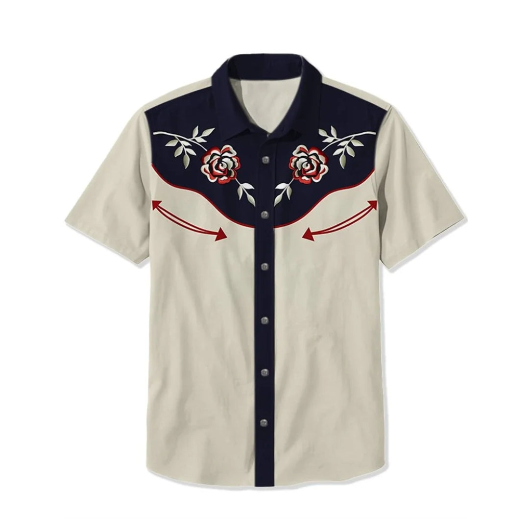 Man modeling a unique embroidered men's western shirt, long sleeve, vintage casual style.